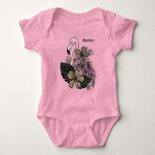 Custom Name Pink Flamingo Baby Bodysuit