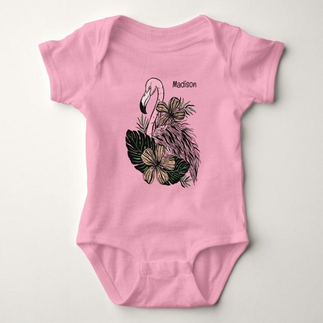 Custom Name Pink Flamingo Baby Bodysuit (Front)