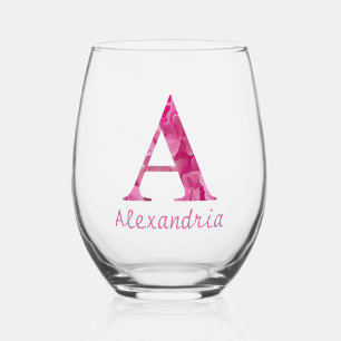Custom Name Pink Floral Alphabet Letter "A" Stemless Wine Glass