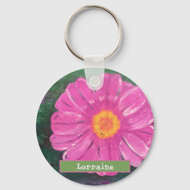 Custom Name PINK Flower Acrylic Painting Key Ring (Front)
