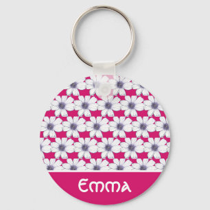 Custom Name Pink flower pattern Button Key Ring