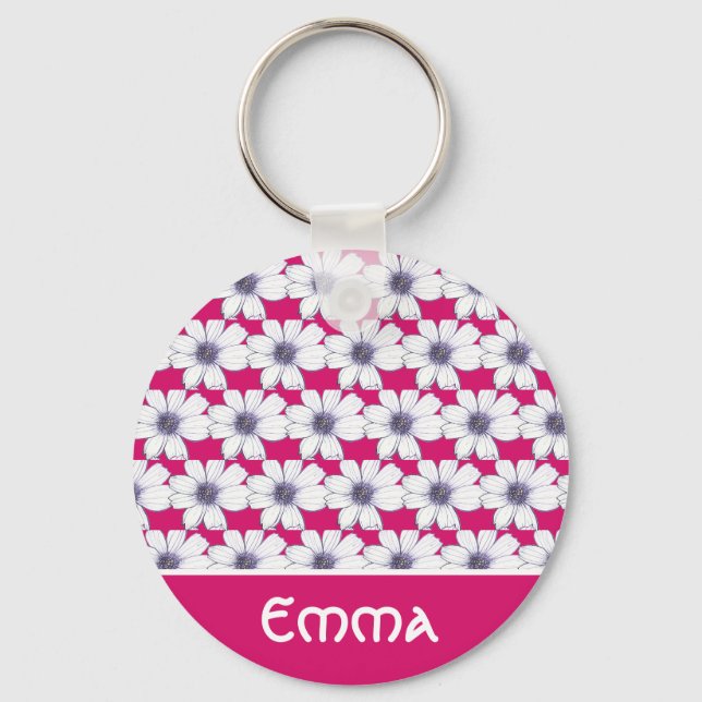 Custom Name Pink flower pattern Button Key Ring (Front)