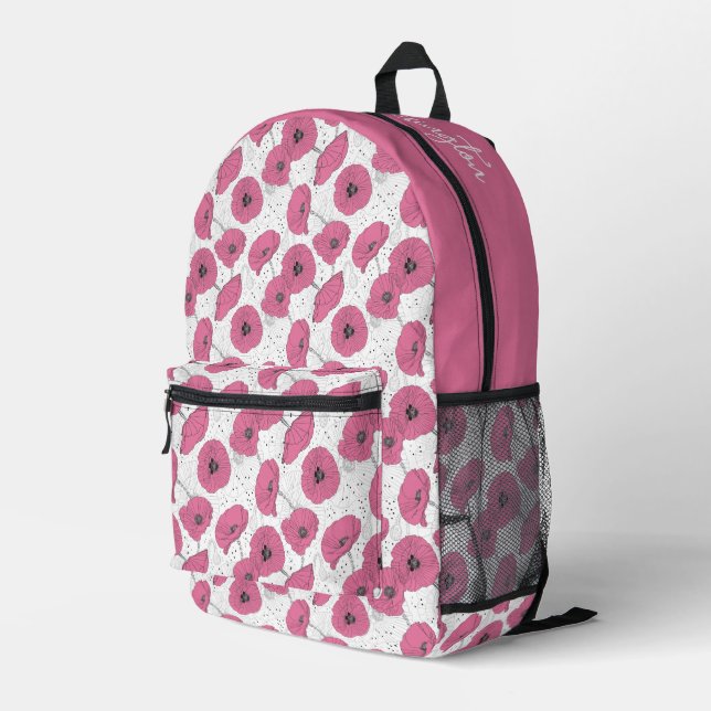 Custom Name Pink Flowers Pattern Printed Backpack (Back Corner Right)