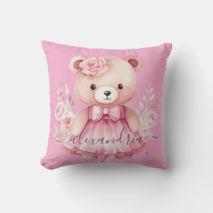 Custom Name Pink Girly Teddy Bear Throw Pillow