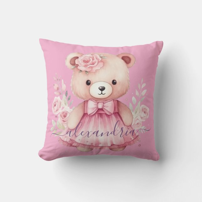 Custom Name Pink Girly Teddy Bear Throw Pillow (Front)