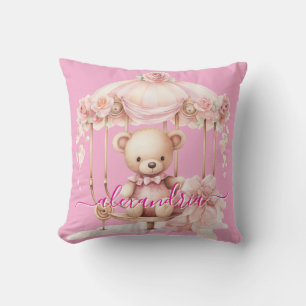 Custom Name Pink Girly Teddy Bear Throw Pillow