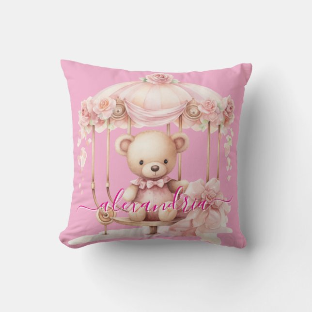Custom Name Pink Girly Teddy Bear Throw Pillow (Front)