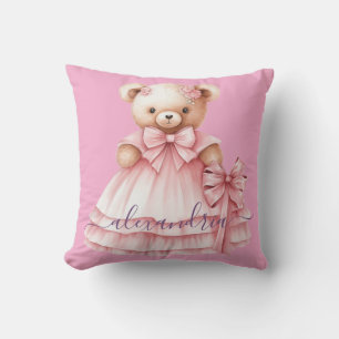 Custom Name Pink Girly Teddy Bear Throw Pillow