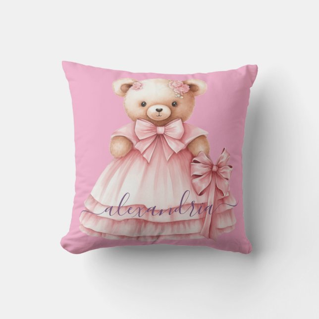 Custom Name Pink Girly Teddy Bear Throw Pillow (Front)