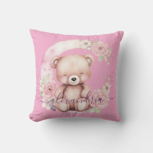 Custom Name Pink Girly Teddy Bear Throw Pillow