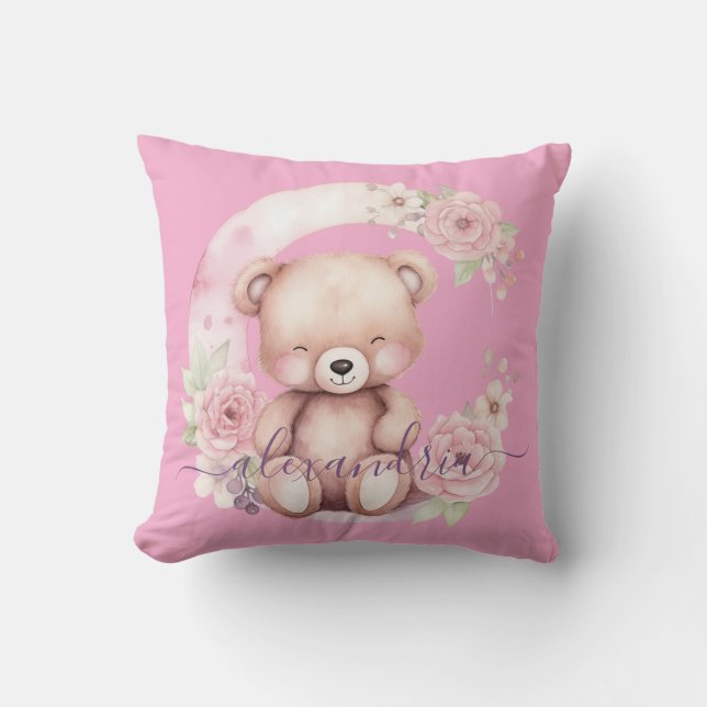 Custom Name Pink Girly Teddy Bear Throw Pillow (Front)