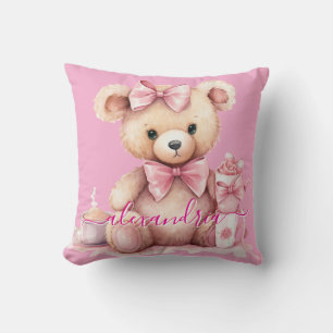 Custom Name Pink Girly Teddy Bear Throw Pillow