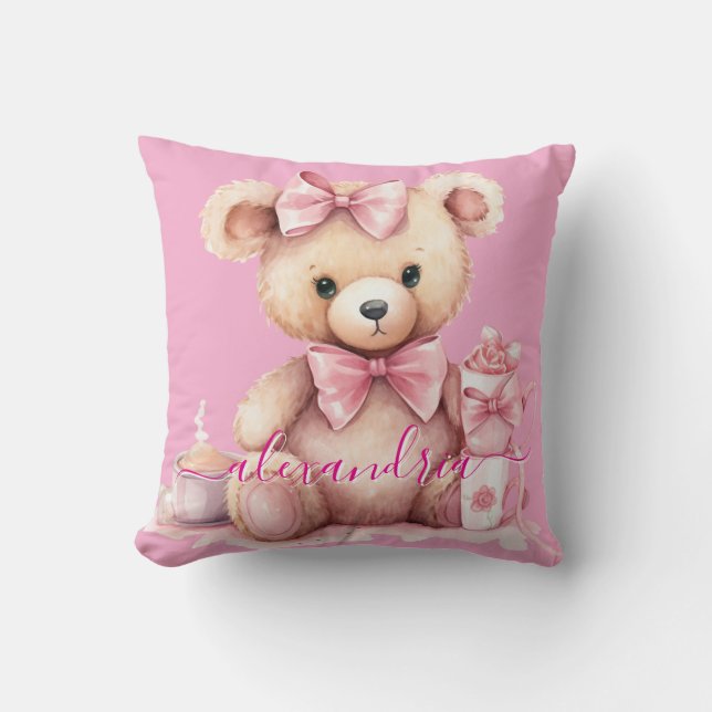 Custom Name Pink Girly Teddy Bear Throw Pillow (Front)