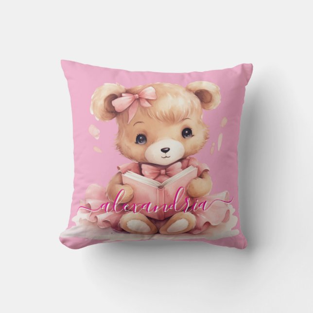 Custom Name Pink Girly Teddy Bear Throw Pillow (Front)