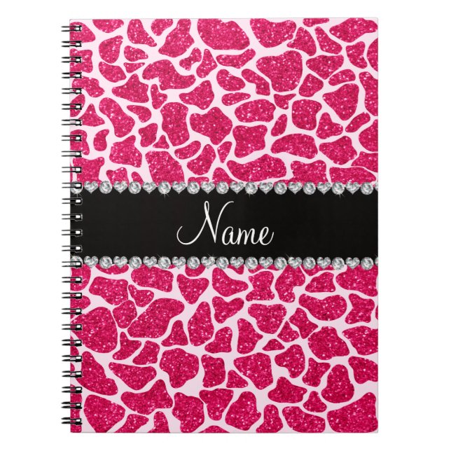 Custom name pink glitter giraffe spiral notebook (Front)
