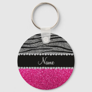 Custom name pink glitter light grey zebra stripes key ring