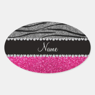 Custom name pink glitter light grey zebra stripes oval sticker