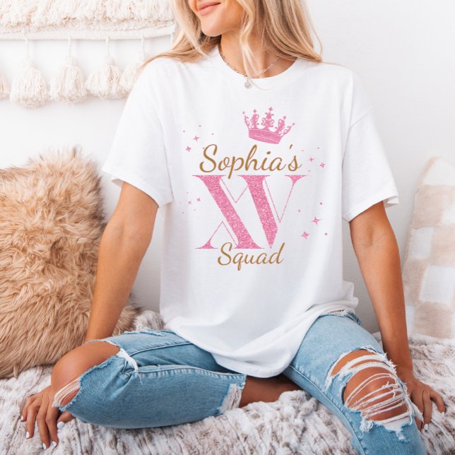 Custom Name Pink Glitter Mis Quince Squad XV Party T-Shirt (Custom Name Pink Glitter Mis Quince Squad XV Party T-Shirt)