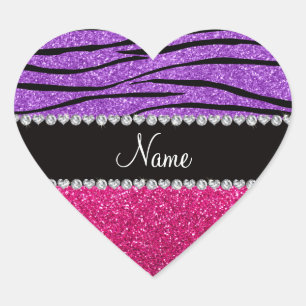 Custom name pink glitter pastel purple zebra strip heart sticker