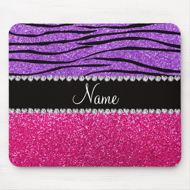 Custom name pink glitter pastel purple zebra strip mouse pad (Front)