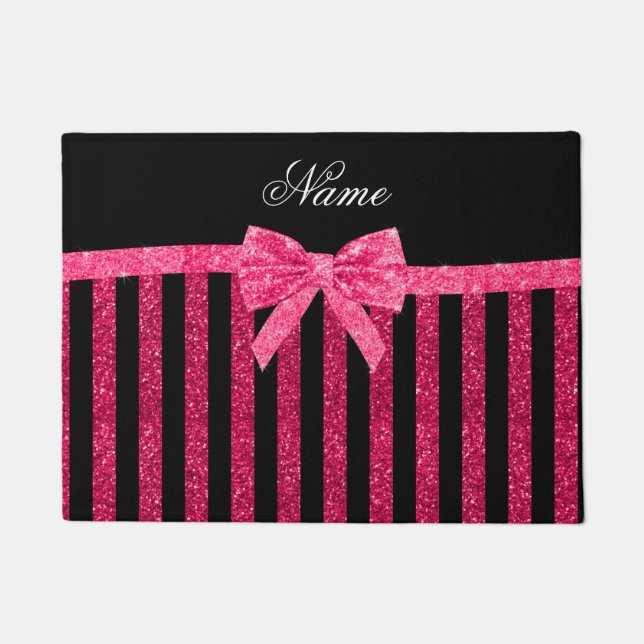 Custom name pink glitter stripes glitter bow doormat (Front)