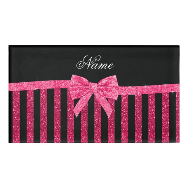 Custom name pink glitter stripes glitter bow tag (Front)
