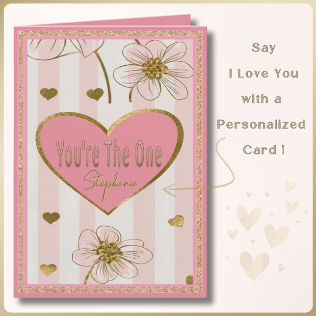 Custom Name Pink Gold Hearts Flowers Valentines Card (Spoil your loved one with a custom name card. Perfect for Valentine's Day, Anniversary, or Birthday!)