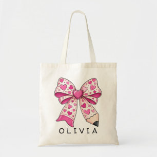 Custom Name Pink Heart Pencil Bow Teacher Gift Tote Bag