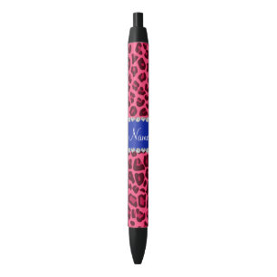 Custom name pink leopard print blue stripe black ink pen