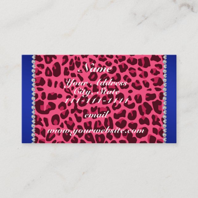 Custom name pink leopard print blue stripe business card (Front)