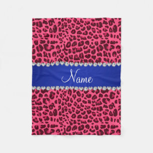Custom name pink leopard print blue stripe fleece blanket
