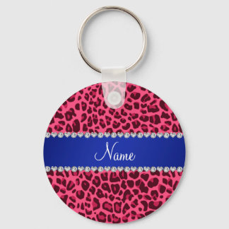 Custom name pink leopard print blue stripe key ring