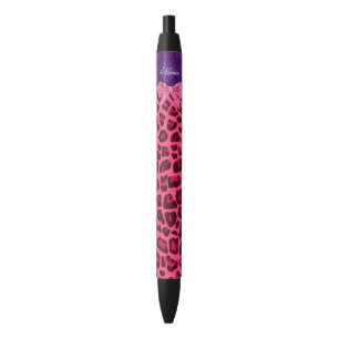 Custom name pink leopard purple damask bow black ink pen