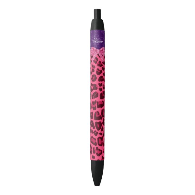 Custom name pink leopard purple damask bow black ink pen (Front Vertical)