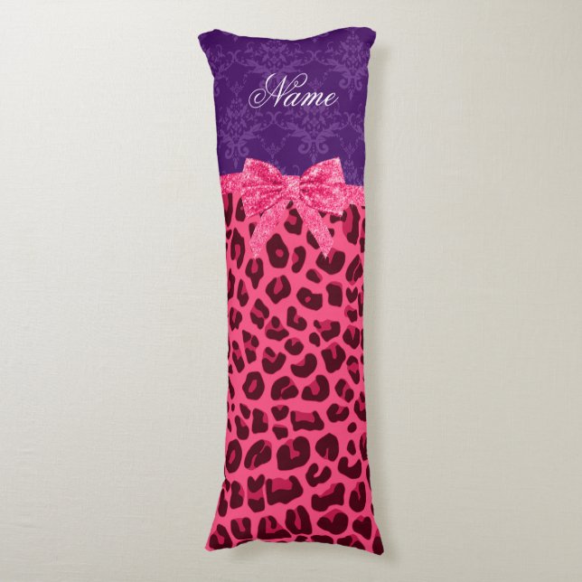Custom name pink leopard purple damask bow body cushion (Front Vertical)