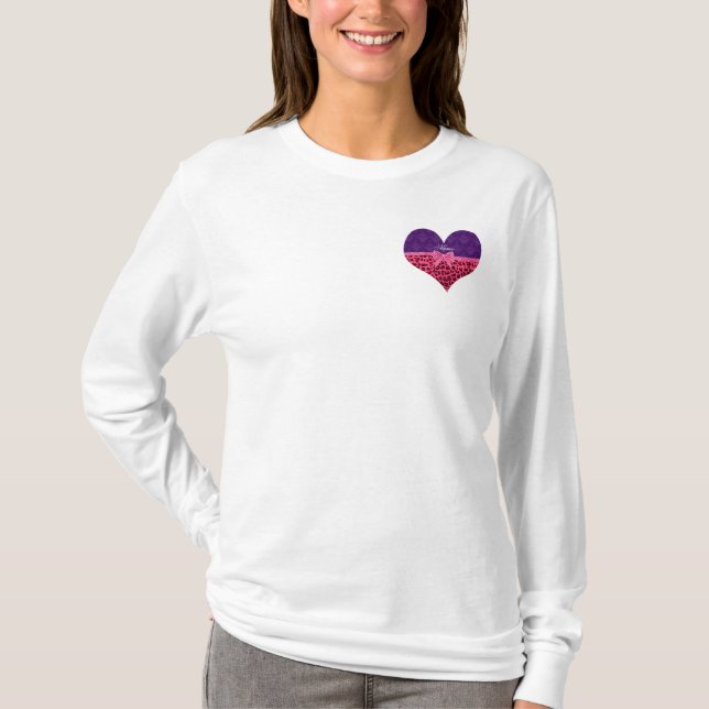 Custom name pink leopard purple damask bow T-Shirt (Front)