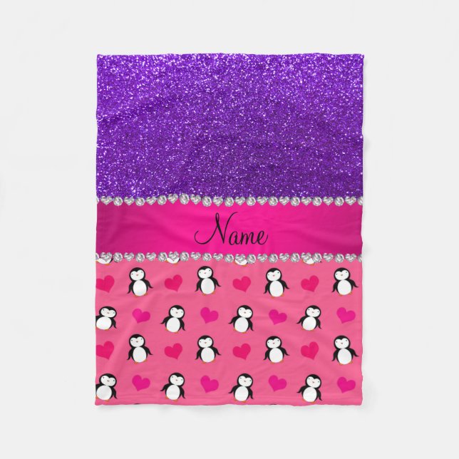 Custom name pink penguins indigo purple glitter fleece blanket (Front)