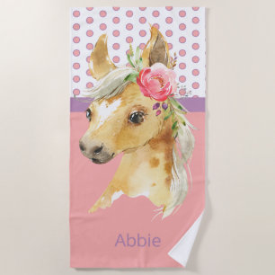 Custom Name Pink Pony Girl Beach Towel