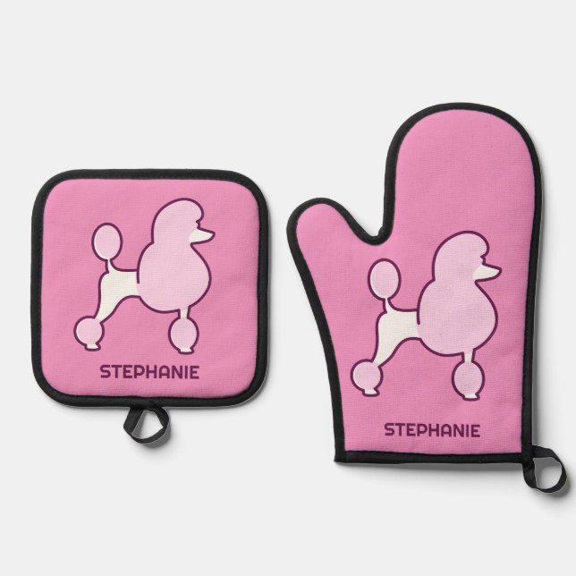 Custom Name Pink Poodles Oven Mitt & Pot Holder Set (Front)