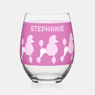 Custom Name Pink Poodles Stemless Wine Glass
