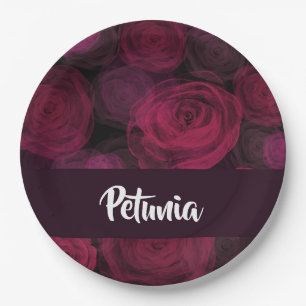 Custom name pink rose pattern paper plate