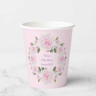 Custom Name, Pink Roses Paper Cups Baby Shower