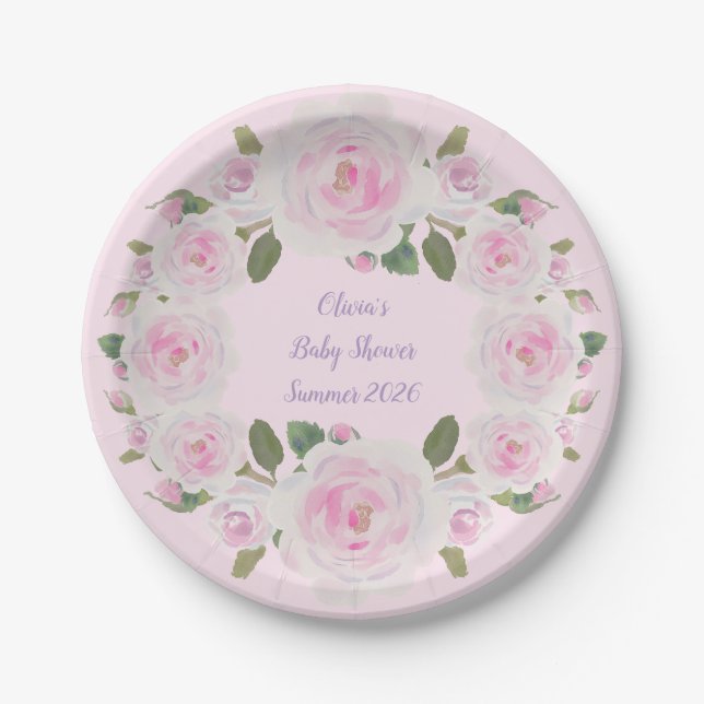 Custom Name, Pink Roses Paper Plate Baby Shower (Front)