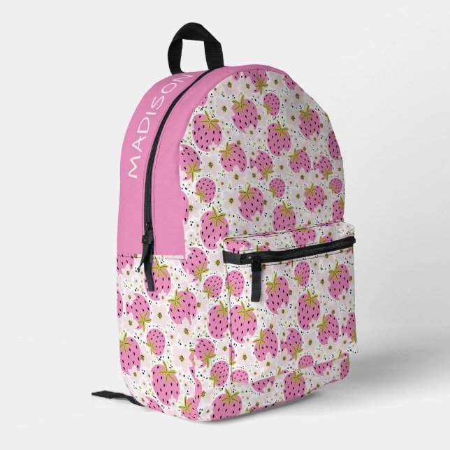 Custom Name Pink Strawberries Pattern Printed Backpack (Back Corner Left)