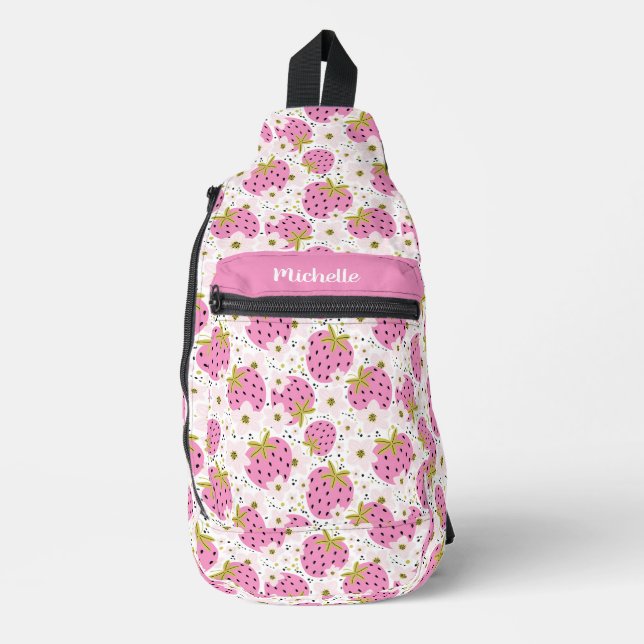 Custom Name Pink Strawberries Pattern Sling Bag (Front)