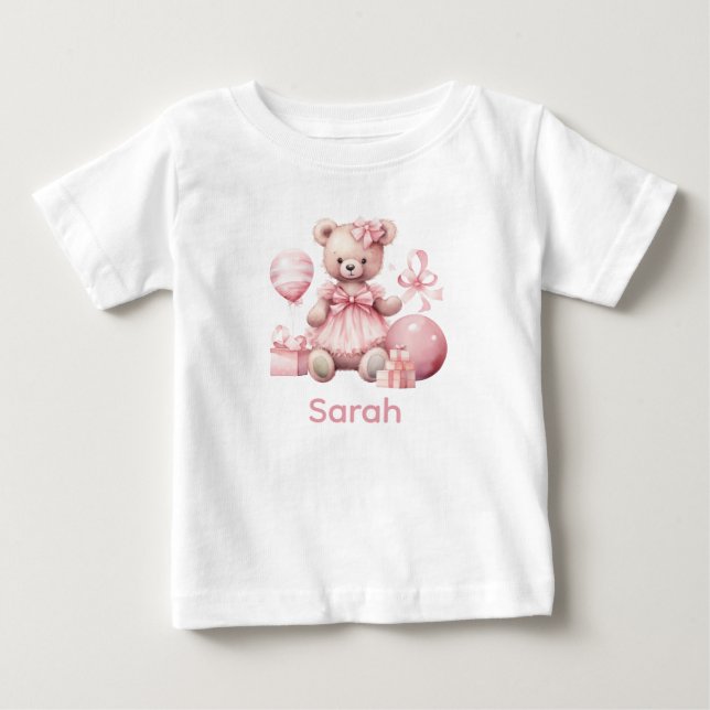 Custom Name Pink Teddy Bear Baby Shirt (Front)