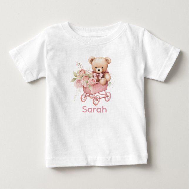 Custom Name Pink Teddy Bear Baby Shirt (Front)