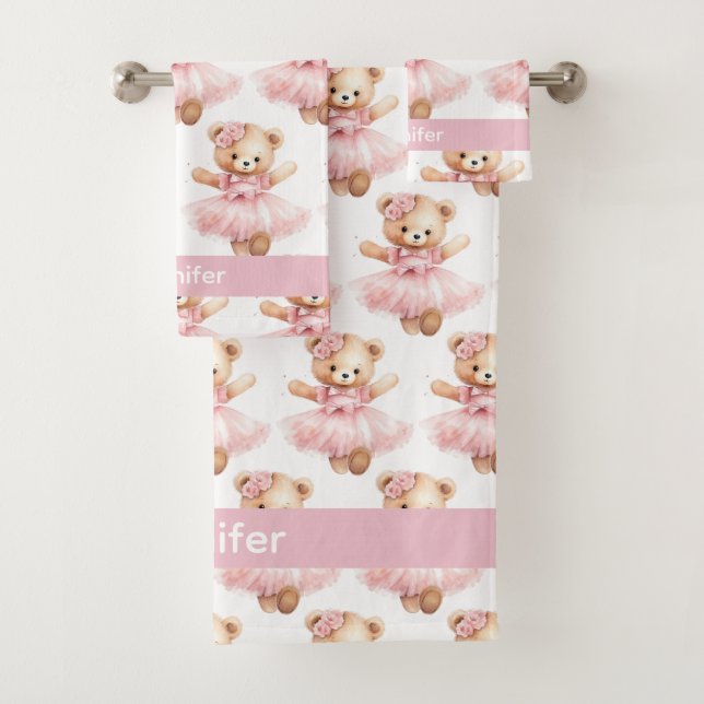 Custom Name Pink Teddy Bear Girl's Bath Towel Set (Insitu)