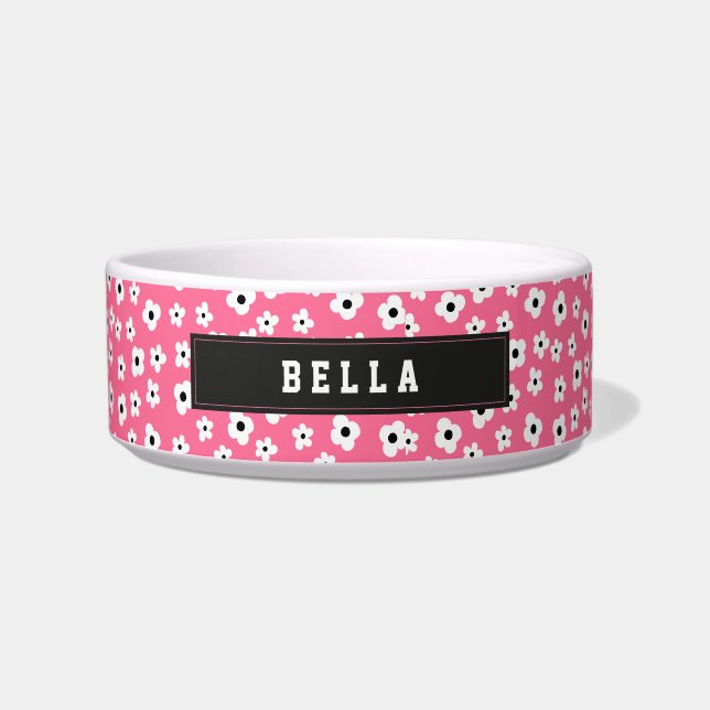 Custom Name Pink White Flower Pattern Bowl (Front)