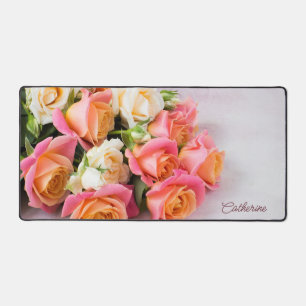 Custom Name Pink & White Roses Desk Mat